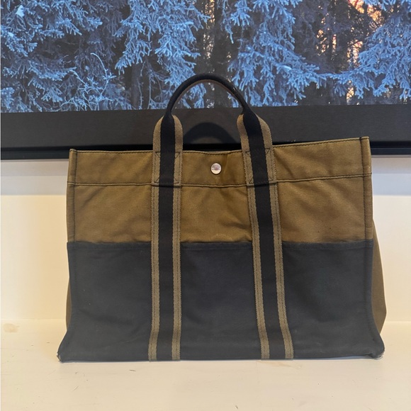 Hermès Tote Canvas Fourre-Tout | Olive & Navy | Authentic - Picture 14 of 15